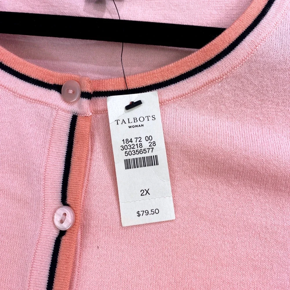 Talbots Woman‎ 2X Cardigan Sweater Pima Cotton Blend Pink Trim Detail NWT